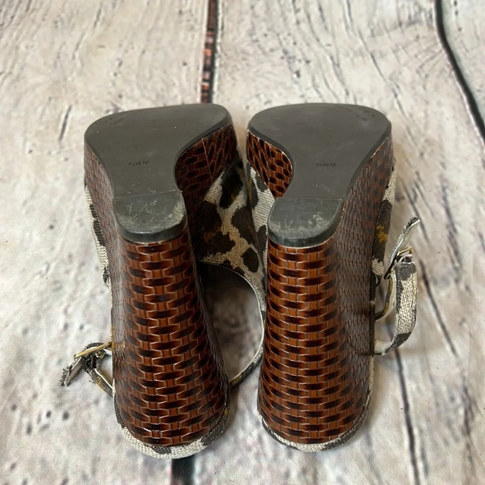 Via Spiga Brown Leopard Linen Leather Lining Slingback Wedge Sandals Size 6.5